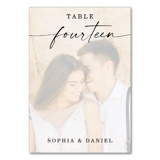 Elegantes Script Foto Hochzeit Tischnummer Vierzeh (Rückseite)