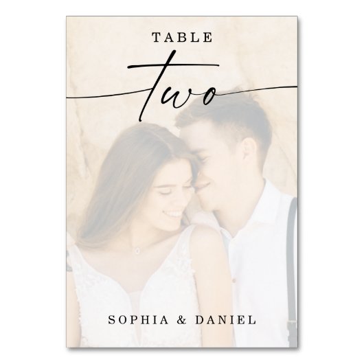 Elegantes Script-Foto Hochzeit Tischnummer Zwei (Rückseite)