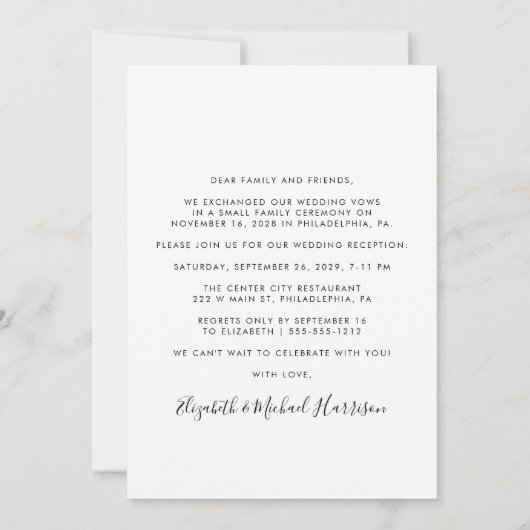 Elegantes Script-Foto Hochzeitsempfang Einladung (Rückseite)