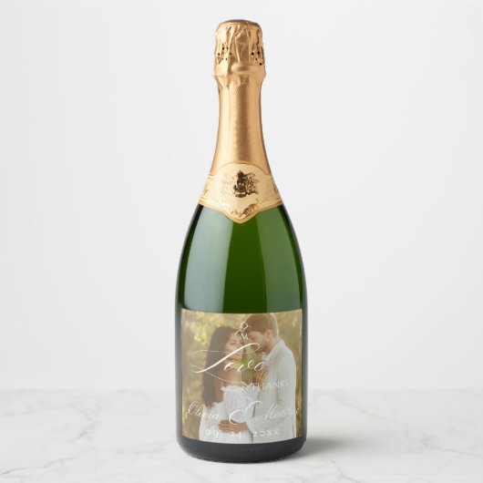 Elegantes Script Foto Liebe Story Wedding Schaumweinetikett (Vorderseite)