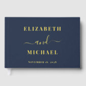 Elegantes Script Foto Navy Blue Wedding Gästebuch (Vorderseite)