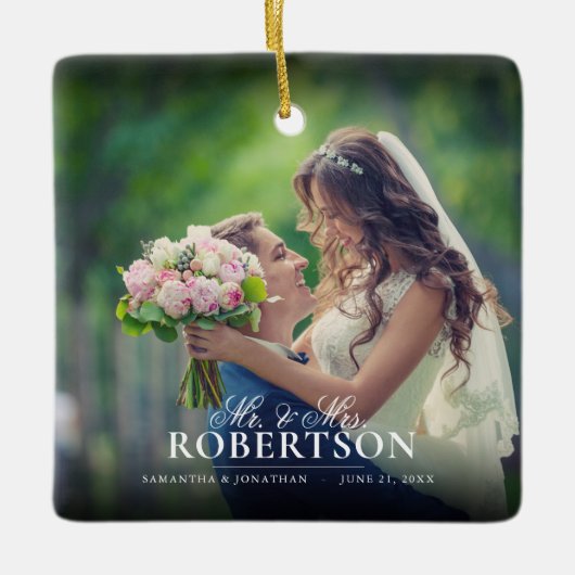 Elegantes Script-Foto New Christmas Keramikornament (Vorderseite)