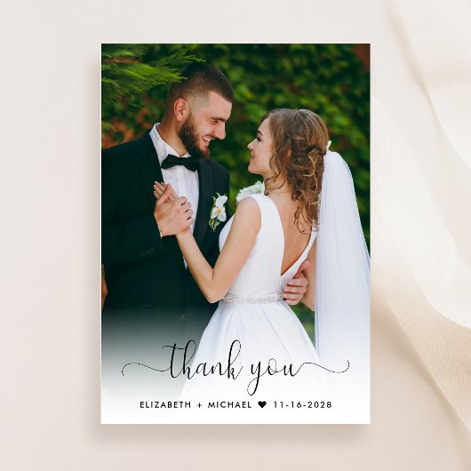 Elegantes Script-Foto-Overlay-Hochzeit Dankeskarte