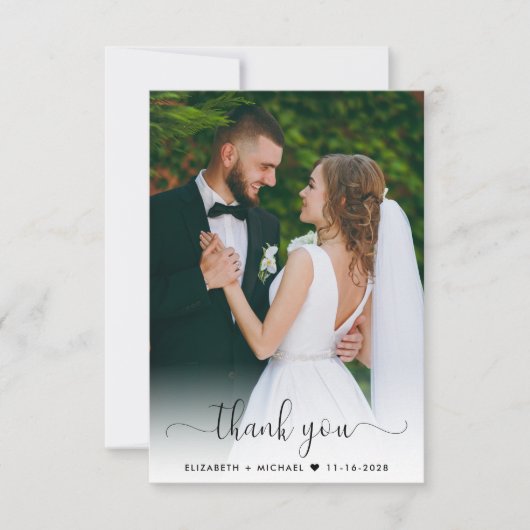 Elegantes Script-Foto-Overlay-Hochzeit Dankeskarte (Vorderseite)
