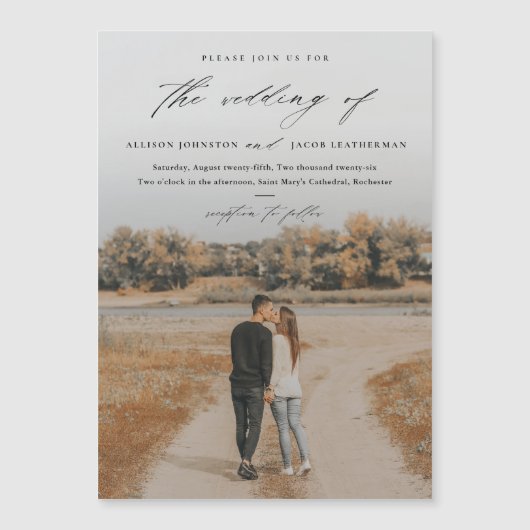 Elegantes Script-Foto-Overlay-Hochzeit Magneteinladung (Vorderseite)