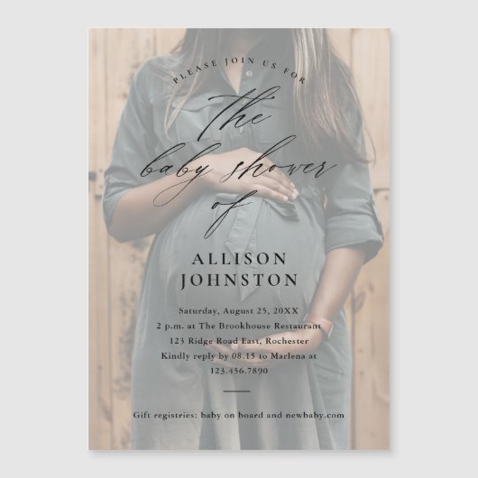 Elegantes Script Foto Overlay Kinderdusche Magneteinladung (Vorderseite)