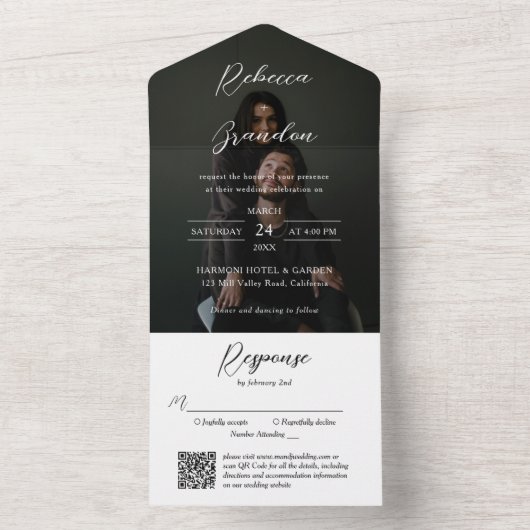 Elegantes Script-Foto-Overlay QR-Code Hochzeit All In One Einladung (Innen Boden)
