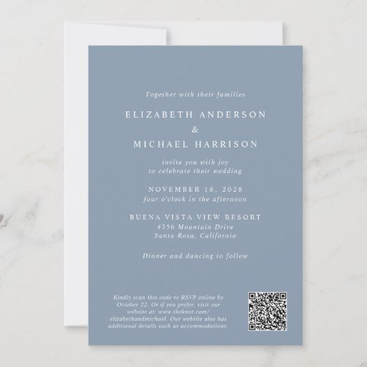 Elegantes Script Foto QR Code Dusty Blue Wedding Einladung (Vorderseite)