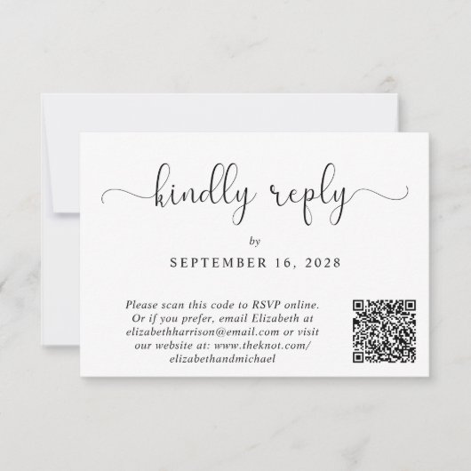 Elegantes Script Foto QR Code Hochzeit RSVP Karte (Vorderseite)