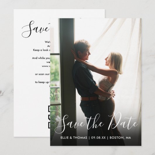 Elegantes Script Foto QR Code Hochzeit Save The Date (Vorne/Hinten)