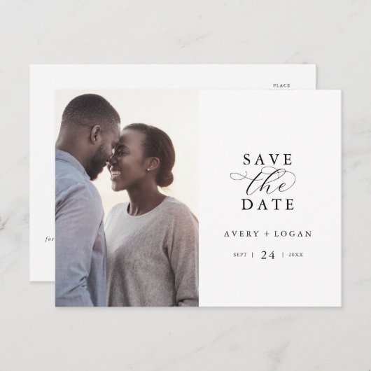 Elegantes Script-Foto Save the Date Einladungspostkarte (Vorne/Hinten)