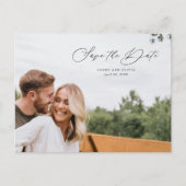 Elegantes Script-Foto Save the Date mit QR-Code Ankündigungspostkarte (Vorderseite)