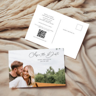 Elegantes Script-Foto Save the Date mit QR-Code Ankündigungspostkarte