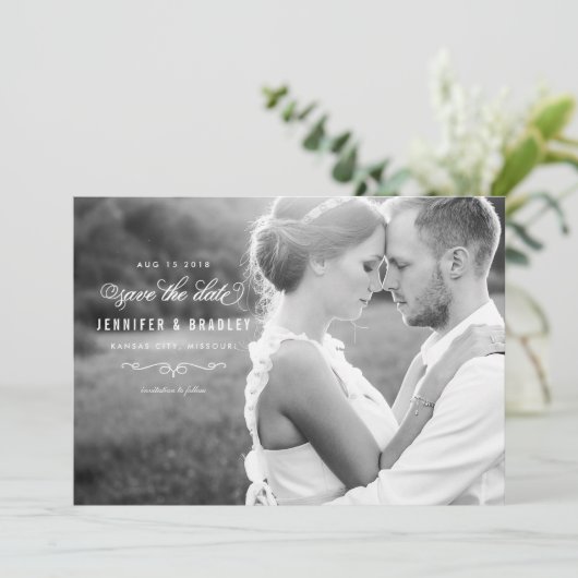 Elegantes Script-Foto Save the Date - Weiß (Stehend Vorderseite)