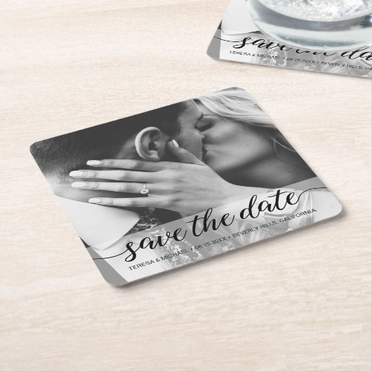 Elegantes Script Foto Verlobung Save the Date Post Rechteckiger Pappuntersetzer (angewinkelt)