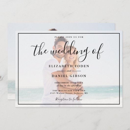 Elegantes Script Foto Weiß und Schwarz Hochzeit Einladung (Vorne/Hinten)