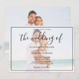 Elegantes Script Foto Weiß und Schwarz Hochzeit Einladung