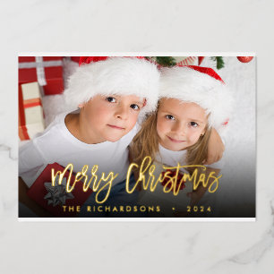 Elegantes Script Frohe Weihnachts-Foto-Familie Gol Folien Feiertagskarte