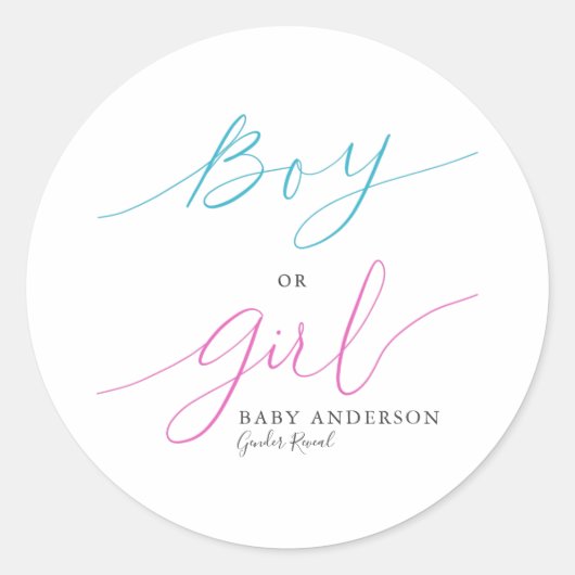 Elegantes Script-Gender-Party für Jungen oder Mädc Runder Aufkleber (Vorderseite)