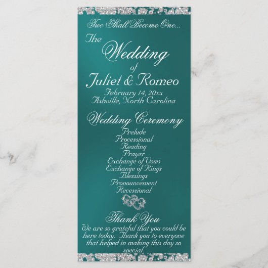 Elegantes Script & Glitzer - Aquamarine Hochzeit Programm (Vorderseite)