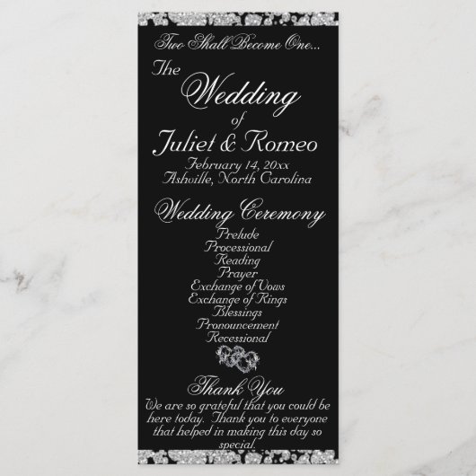 Elegantes Script & Glitzer - Black Wedding Programm (Vorderseite)