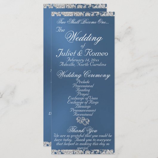 Elegantes Script & Glitzer - Blue Wedding Programm (Vorne/Hinten)