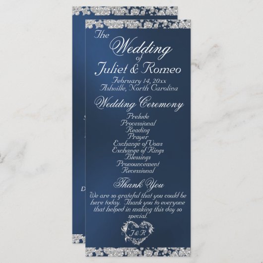 Elegantes Script & Glitzer - Blue Wedding Programm (Vorne/Hinten)