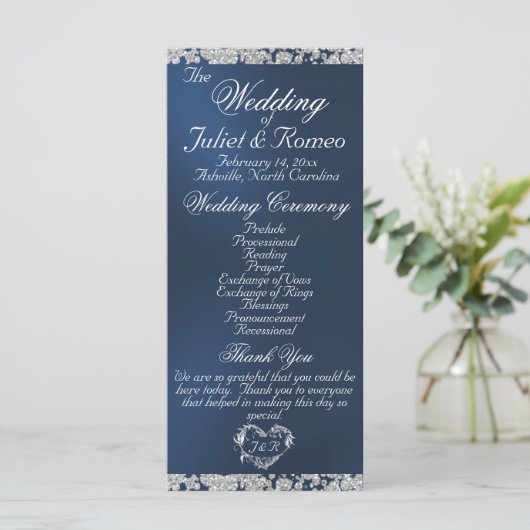 Elegantes Script & Glitzer - Blue Wedding Programm (Stehend Vorderseite)