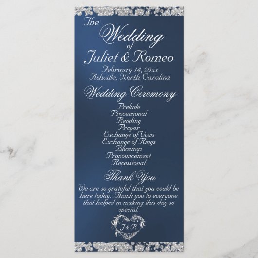 Elegantes Script & Glitzer - Blue Wedding Programm (Vorderseite)