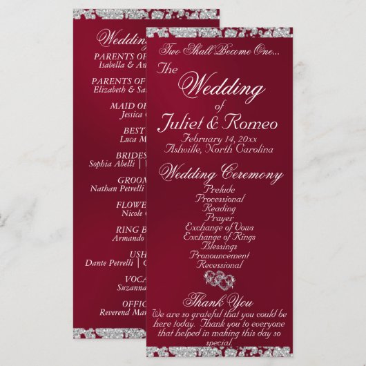 Elegantes Script & Glitzer - Burgund Wedding Programm (Vorne/Hinten)