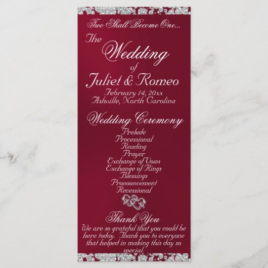 Elegantes Script & Glitzer - Burgund Wedding Programm (Vorderseite)