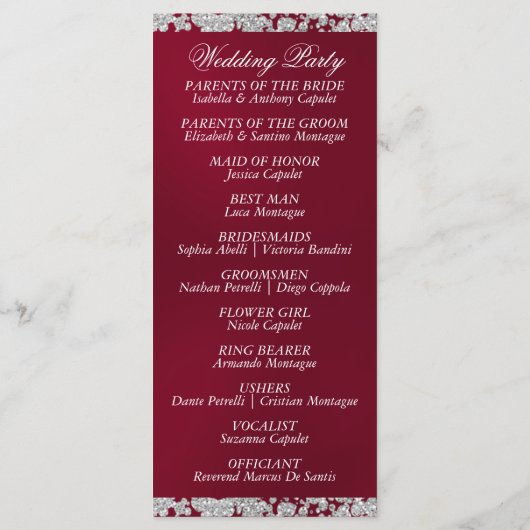 Elegantes Script & Glitzer - Burgund Wedding Programm (Rückseite)