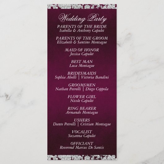 Elegantes Script & Glitzer - Lila Hochzeit Programm (Rückseite)