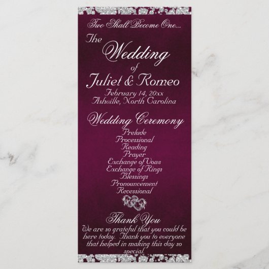 Elegantes Script & Glitzer - Lila Hochzeit Programm (Vorderseite)