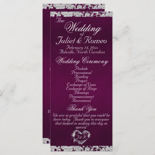 Elegantes Script & Glitzer - Lila Hochzeit Programm (Vorne/Hinten)