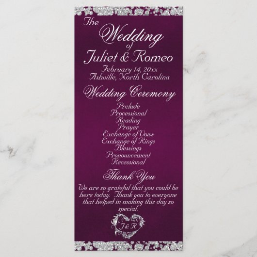 Elegantes Script & Glitzer - Lila Hochzeit Programm (Vorderseite)