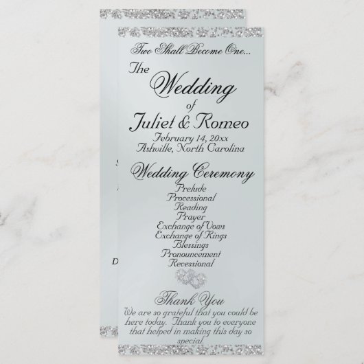 Elegantes Script & Glitzer - White Pearl Wedding Programm (Vorne/Hinten)