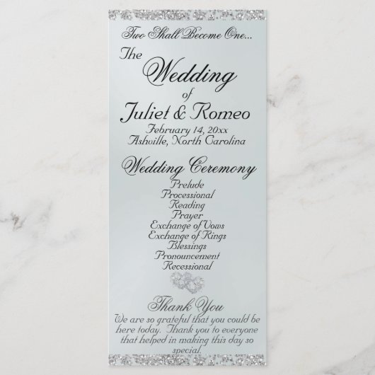 Elegantes Script & Glitzer - White Pearl Wedding Programm (Vorderseite)