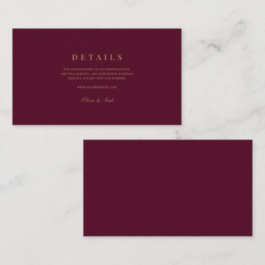 Elegantes Script, Gold & Bordeaux Begleitkarte (Vorne/Hinten)
