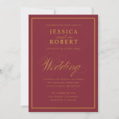 Elegantes Script Gold Border Merlot Burgundy Weddi Einladung (Vorderseite)