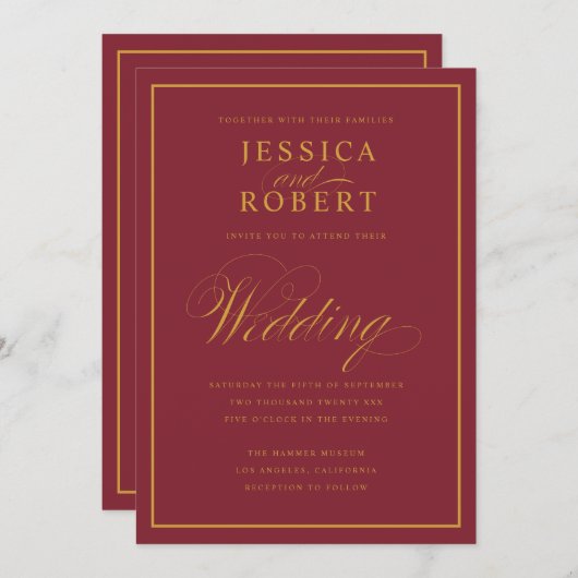 Elegantes Script Gold Border Merlot Burgundy Weddi Einladung (Vorne/Hinten)