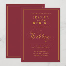 Elegantes Script Gold Border Merlot Burgundy Weddi Einladung