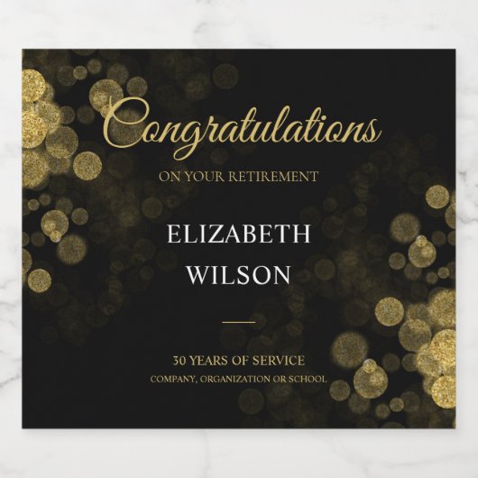 Elegantes Script Gold Confetti Retirement Party Schaumweinetikett (Einzelnes Label)
