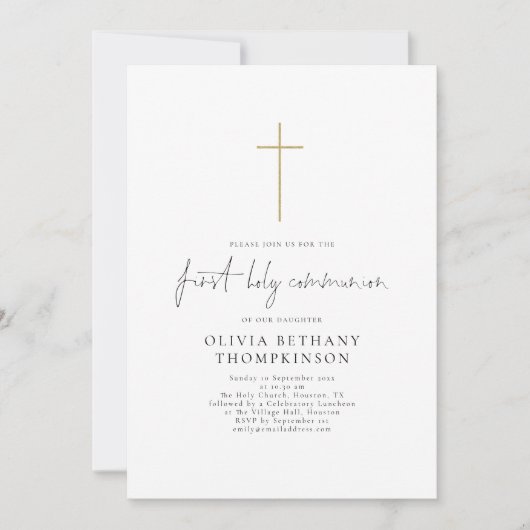 Elegantes Script Gold Cross Erste Heilige Kommunio Einladung (Vorderseite)