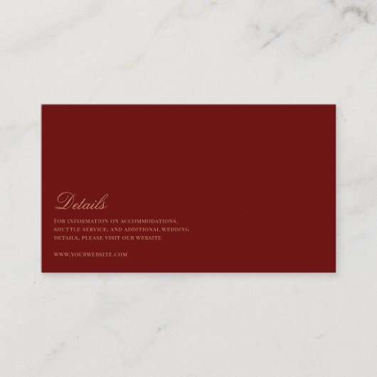 Elegantes Script, Gold & Deep Red Wedding Details Begleitkarte (Vorderseite)