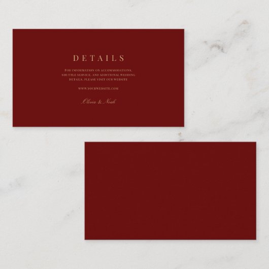 Elegantes Script, Gold & Deep Red Wedding Details Begleitkarte (Vorne/Hinten)
