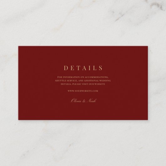 Elegantes Script, Gold & Deep Red Wedding Details Begleitkarte (Vorderseite)
