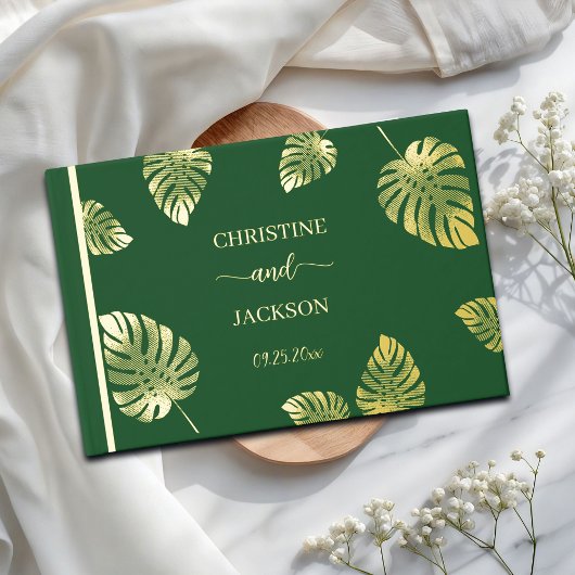 Elegantes Script Gold Exotic Blätter Hochzeit Gästebuch