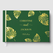 Elegantes Script Gold Exotic Blätter Hochzeit Gästebuch (Vorderseite)