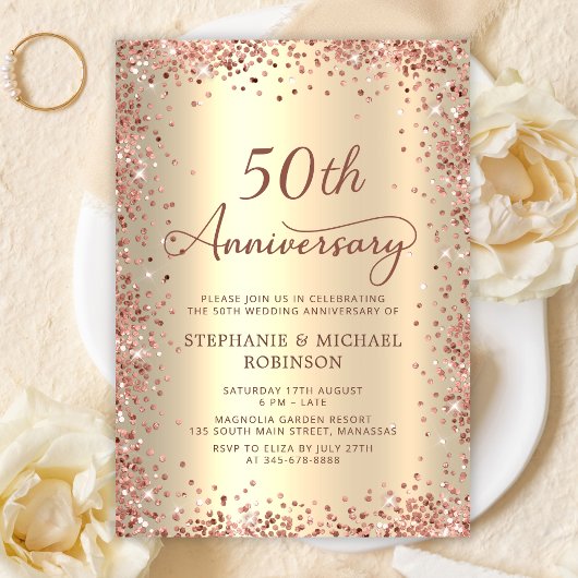 Elegantes Script Gold Foil 50. Hochzeitstag Einladung
